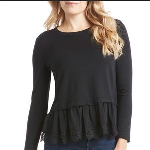 Rebecca Taylor black lace peplum modal top. Size S